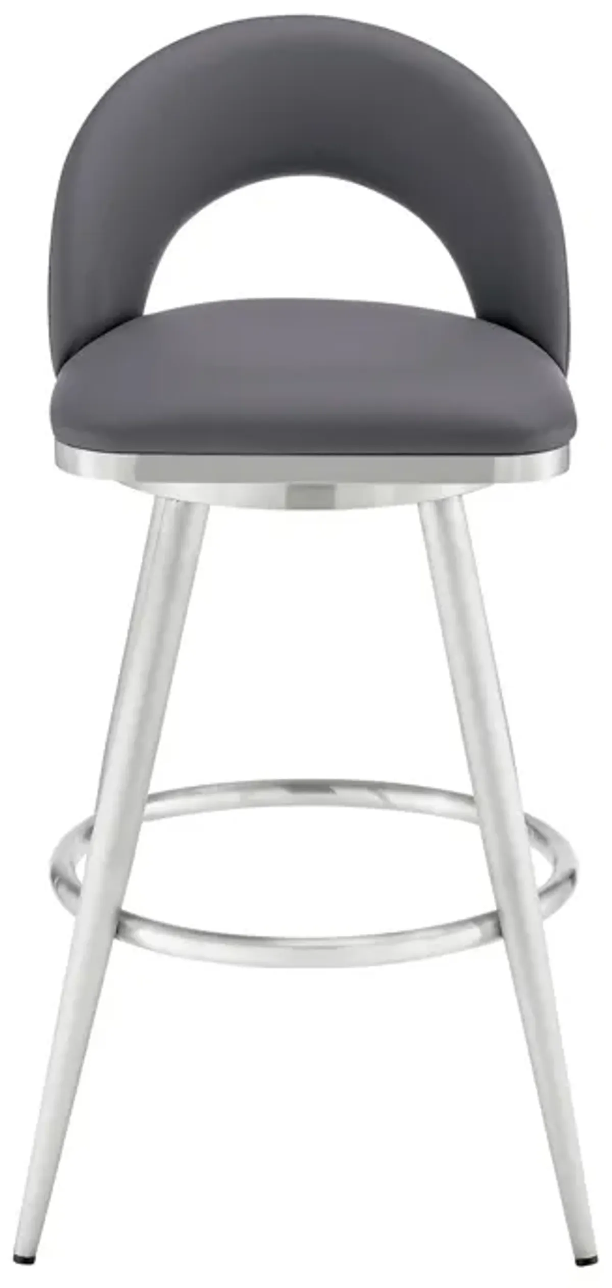 Visy 30 Inch Swivel Barstool Chair, Round Open Back, Gray Faux Leather - Benzara