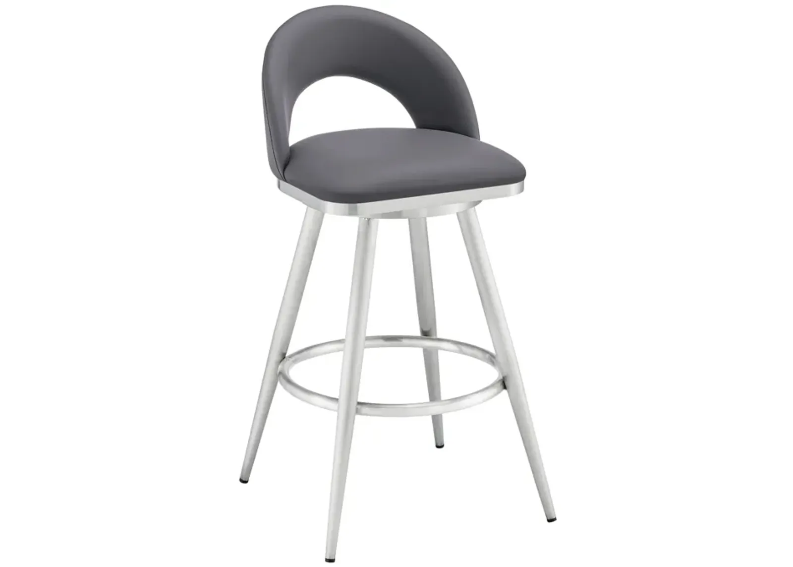 Visy 30 Inch Swivel Barstool Chair, Round Open Back, Gray Faux Leather - Benzara