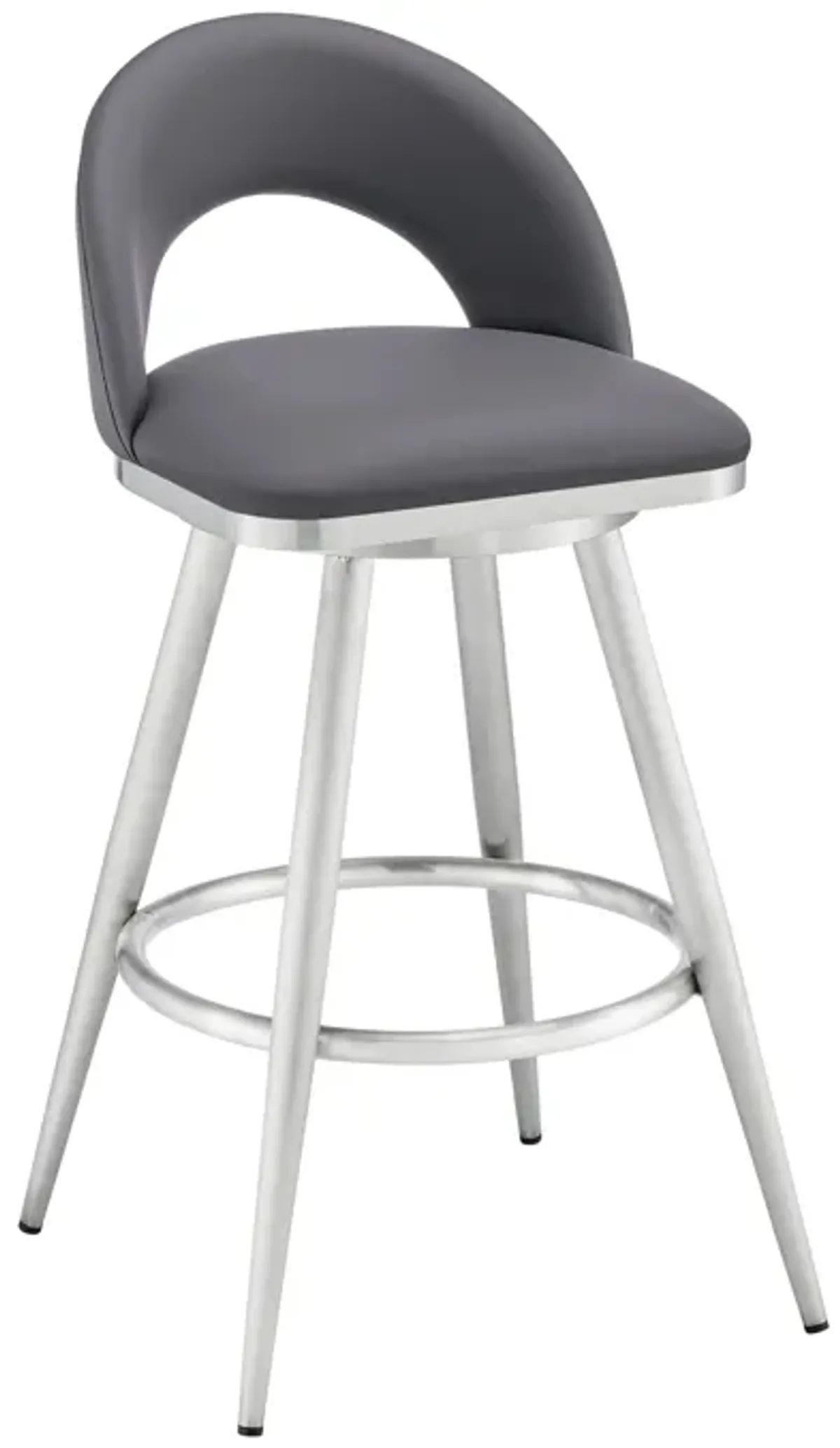 Visy 30 Inch Swivel Barstool Chair, Round Open Back, Gray Faux Leather - Benzara