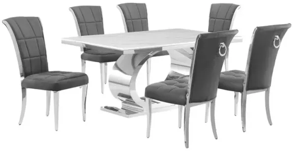 7pc Small(68") marble top dining set with silver base and 6 Dark grey chairs