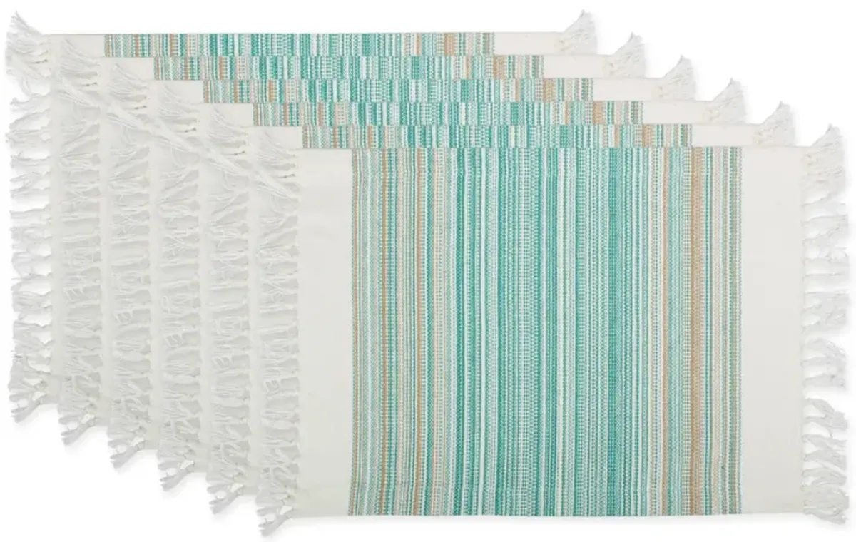 Set of 6 Blue And Brown Striped Fringed Rectangular Placemat 19"