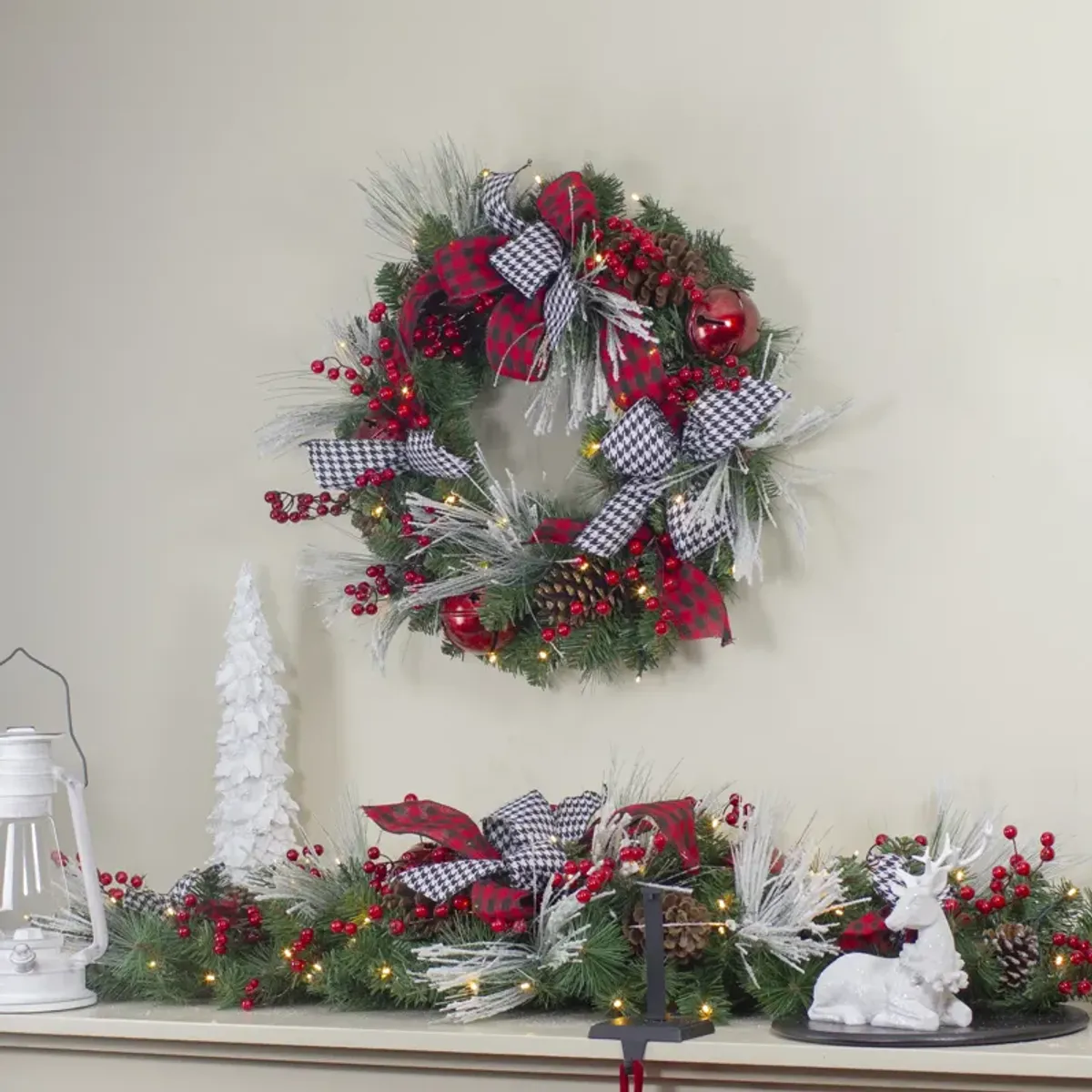 Pre-Lit Decorated Plaid and Houndstooth Artificial Christmas Wreath - 24-Inch  Warm White Lights