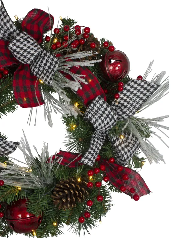 Pre-Lit Decorated Plaid and Houndstooth Artificial Christmas Wreath - 24-Inch  Warm White Lights