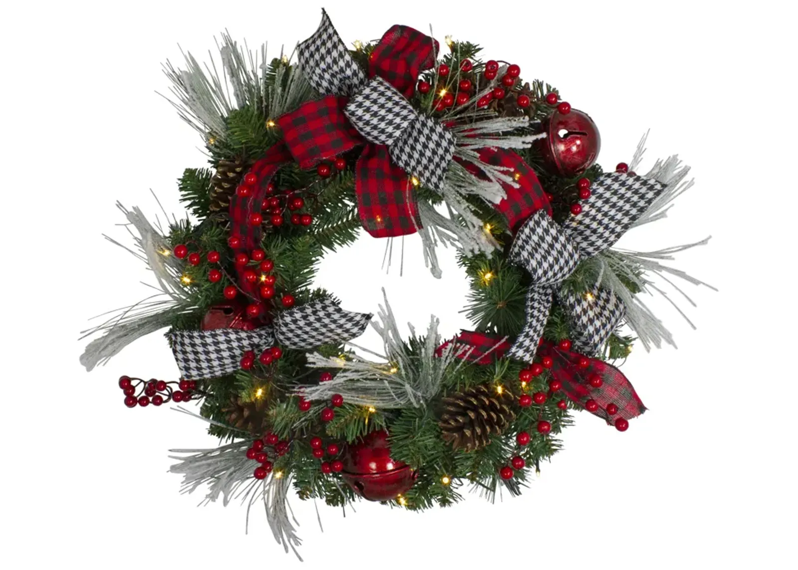 Pre-Lit Decorated Plaid and Houndstooth Artificial Christmas Wreath - 24-Inch  Warm White Lights