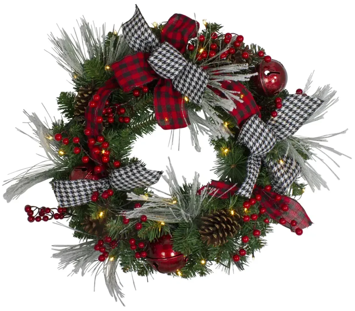 Pre-Lit Decorated Plaid and Houndstooth Artificial Christmas Wreath - 24-Inch  Warm White Lights