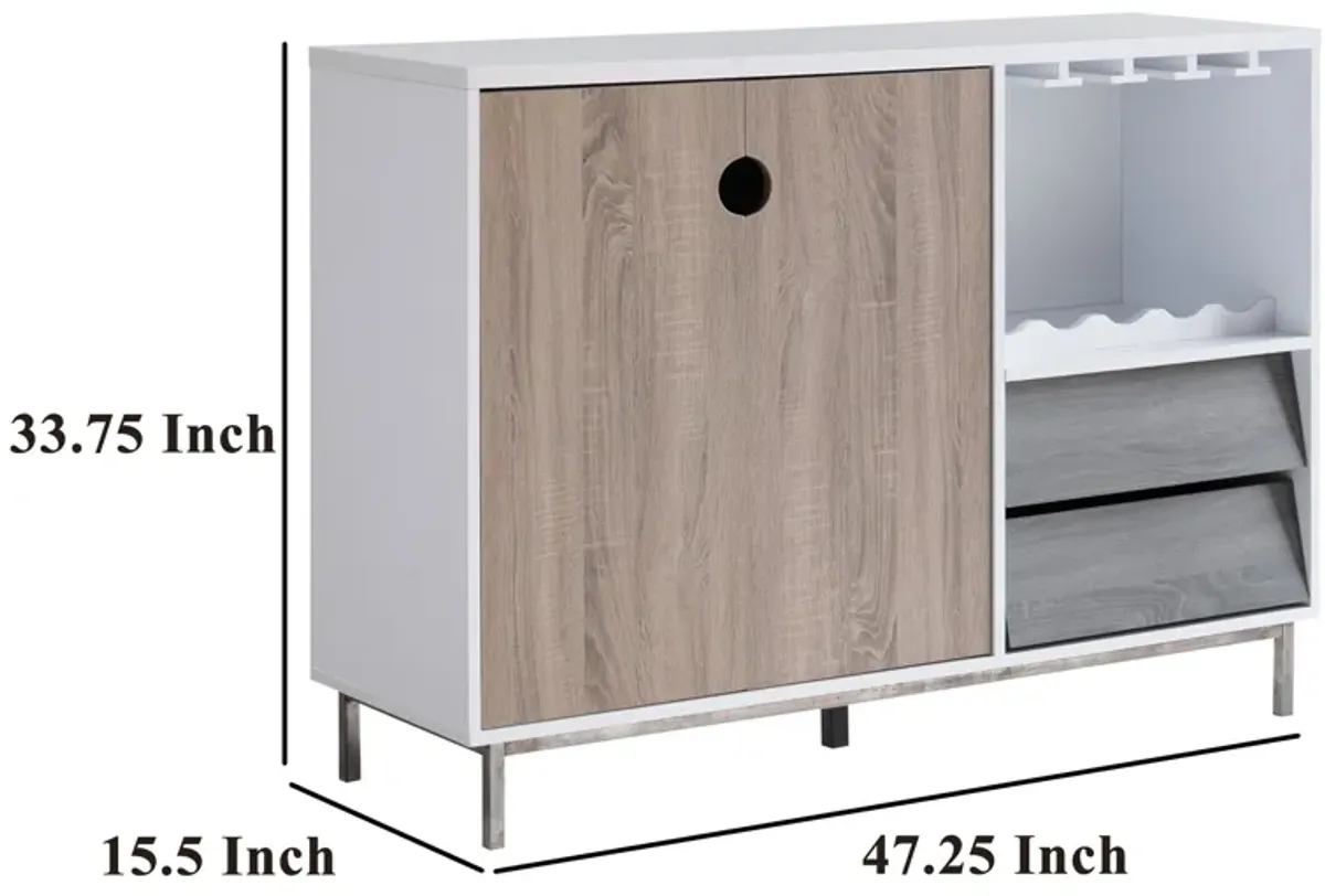 Wine Cabinet, 2 Drawers, Stemware and Bottle Rack, White Brown Gray - Benzara