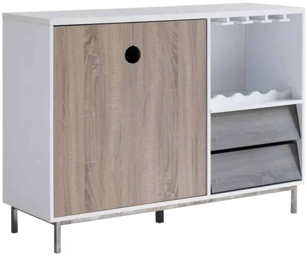 Wine Cabinet, 2 Drawers, Stemware and Bottle Rack, White Brown Gray - Benzara