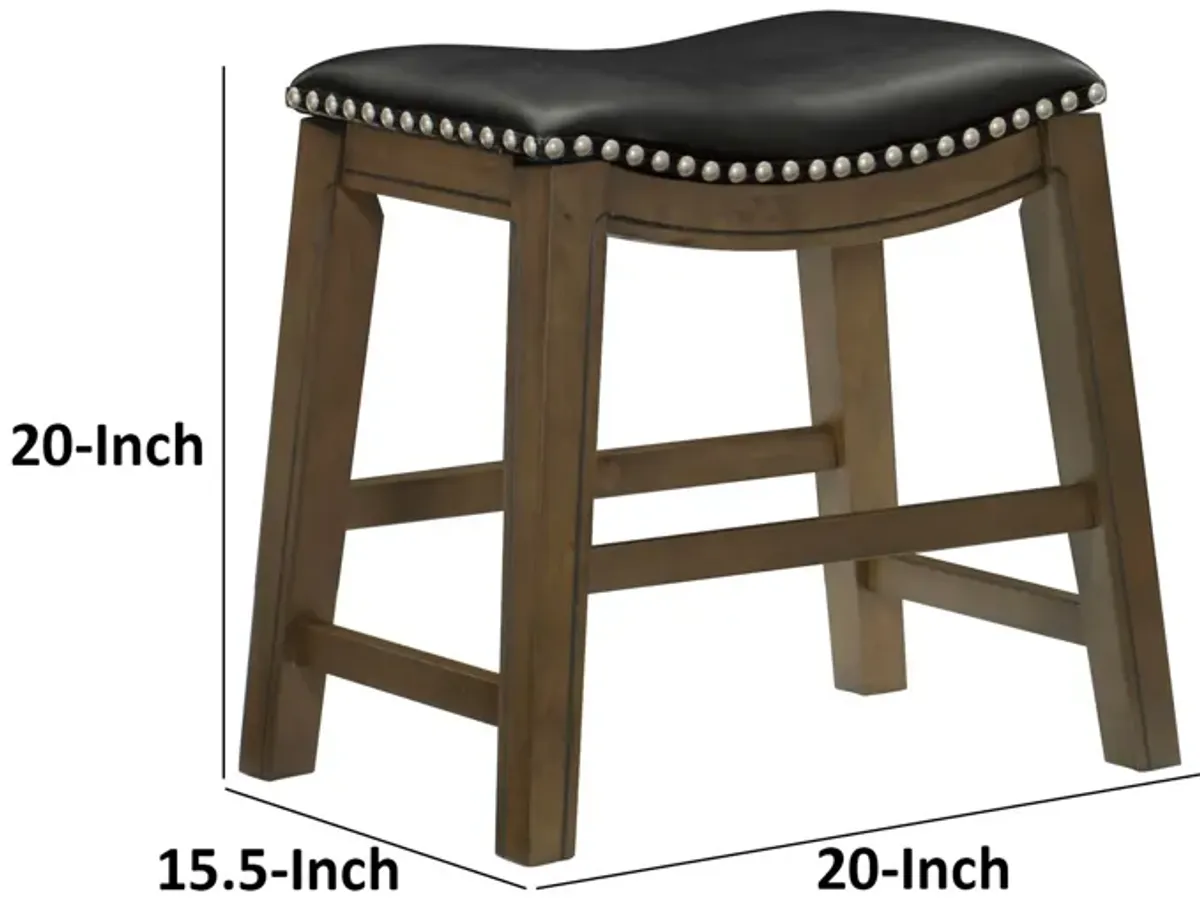 Miel 20 Inch Dining Stool, Black Faux Leather and Brown Solid Wood - Benzara