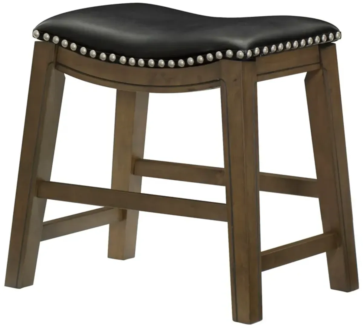 Miel 20 Inch Dining Stool, Black Faux Leather and Brown Solid Wood - Benzara