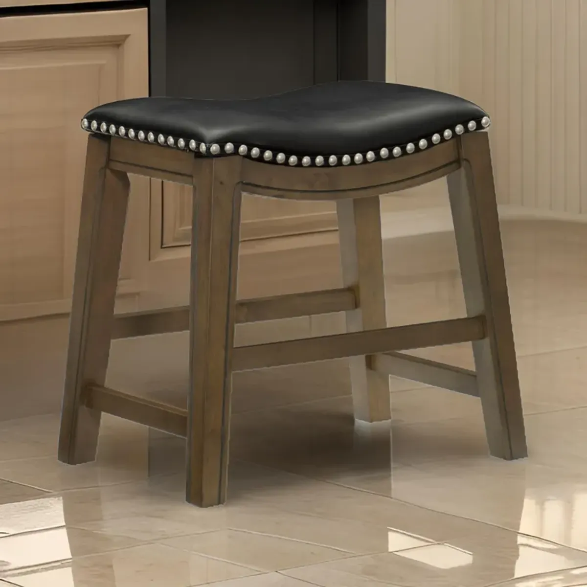 Miel 20 Inch Dining Stool, Black Faux Leather and Brown Solid Wood - Benzara