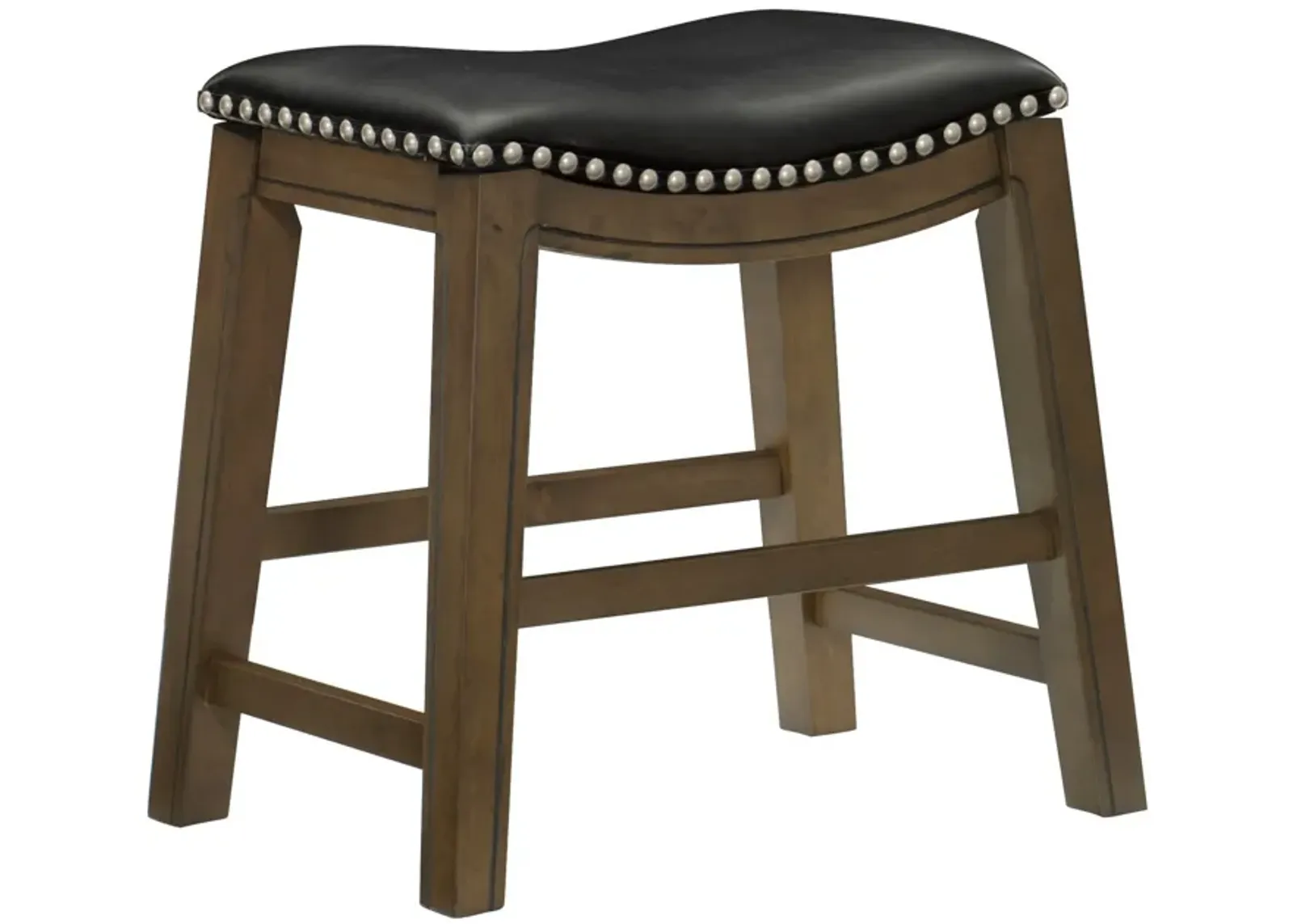 Miel 20 Inch Dining Stool, Black Faux Leather and Brown Solid Wood - Benzara