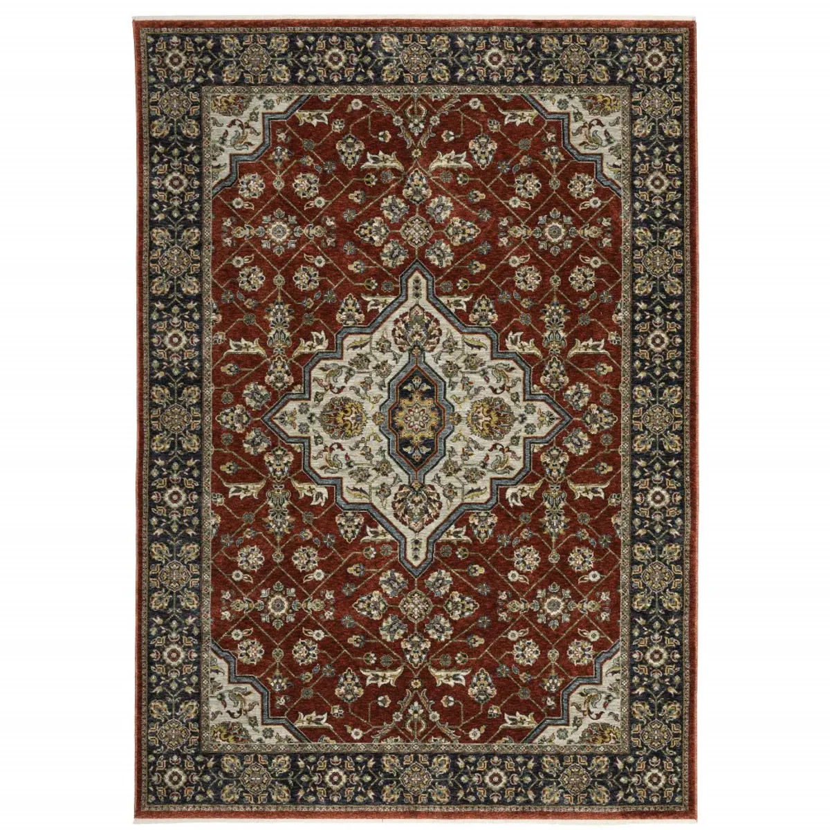 5 X 8 Red Ivory Blue Navy gold And grey Oriental Power Loom Stain Resistant Area Rug With Fringe