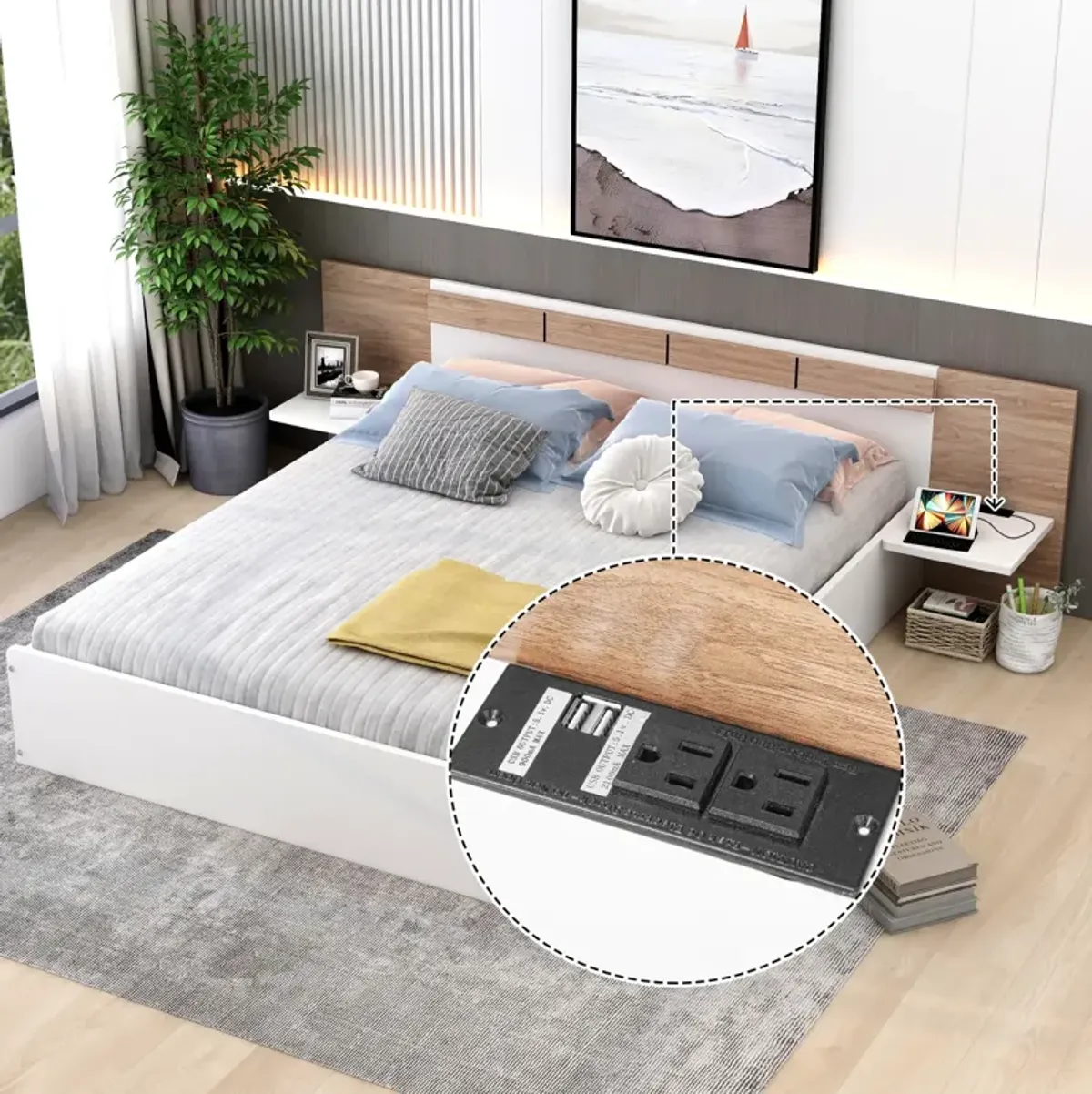 Queen Size Platform Bed With Headboard, Shelves, USB Ports And Sockets