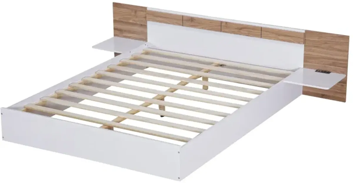 Queen Size Platform Bed With Headboard, Shelves, USB Ports And Sockets