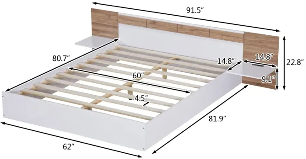 Queen Size Platform Bed With Headboard, Shelves, USB Ports And Sockets