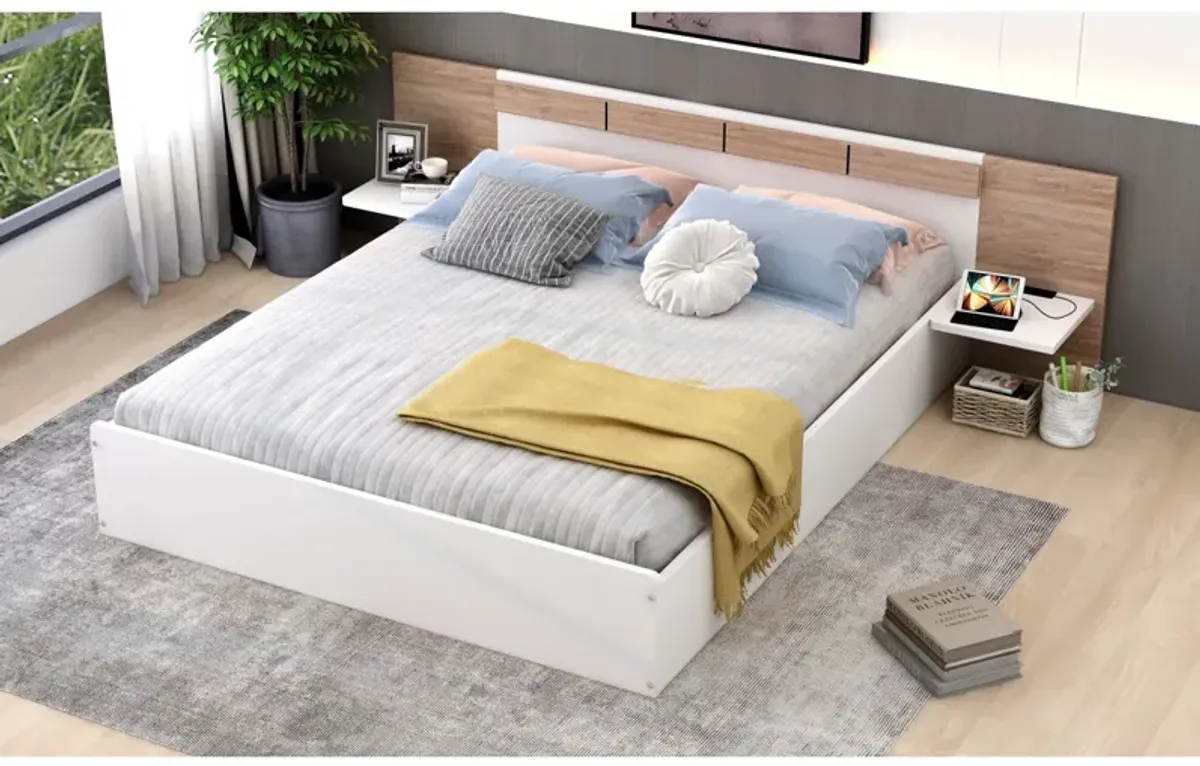 Queen Size Platform Bed With Headboard, Shelves, USB Ports And Sockets