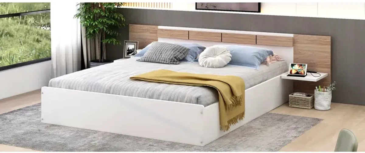 Queen Size Platform Bed With Headboard, Shelves, USB Ports And Sockets