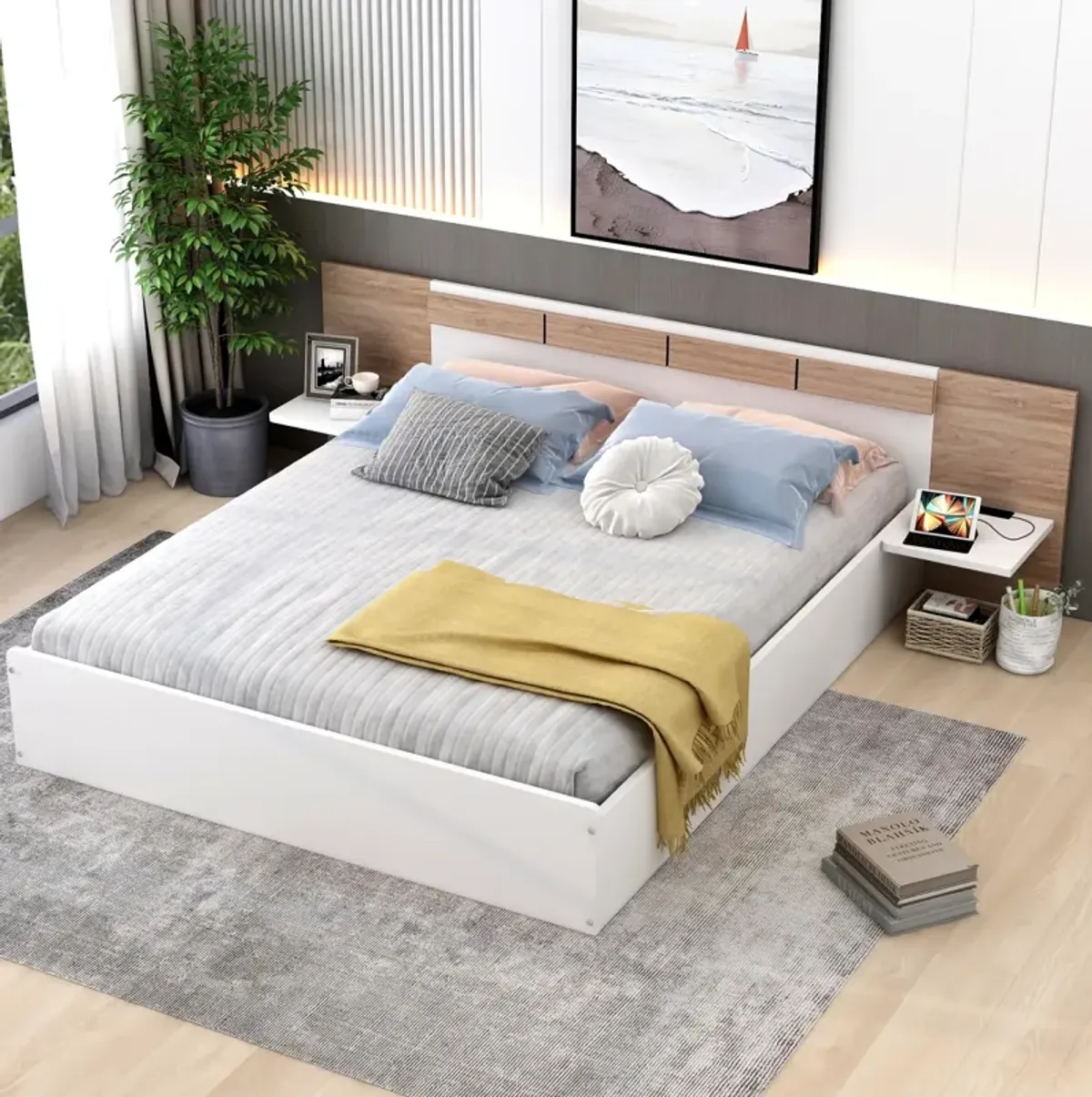 Queen Size Platform Bed With Headboard, Shelves, USB Ports And Sockets