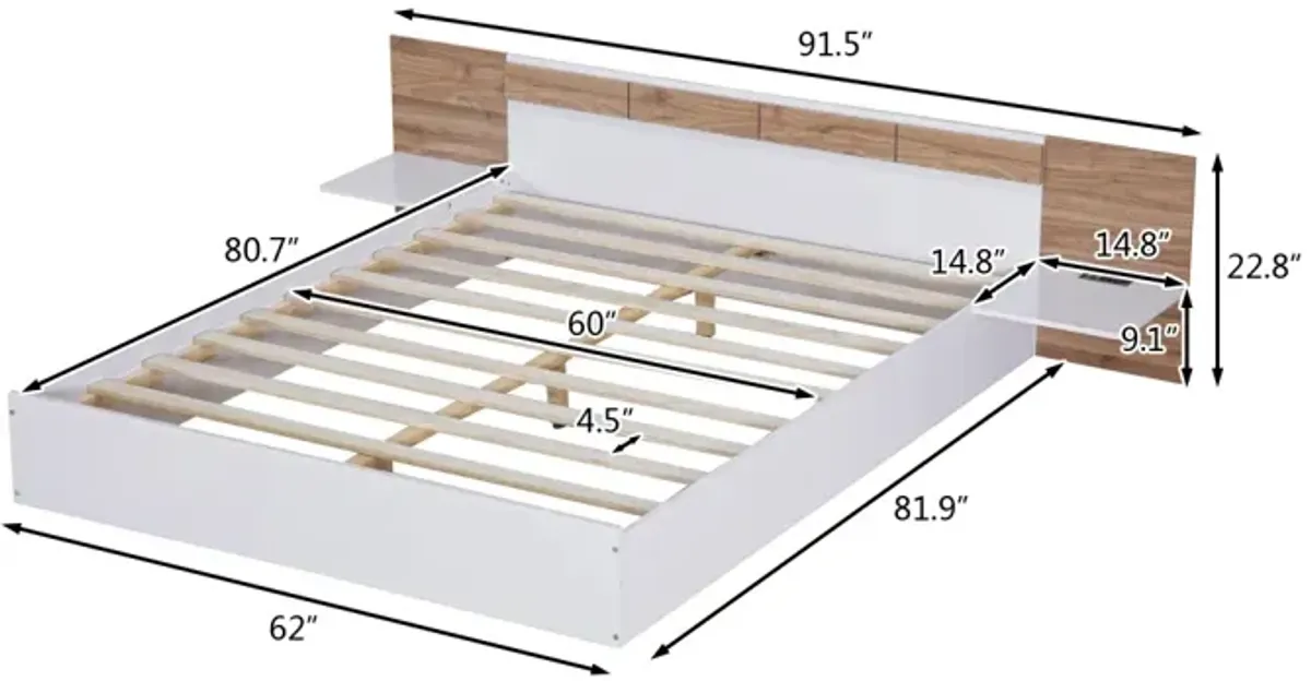 Queen Size Platform Bed With Headboard, Shelves, USB Ports And Sockets