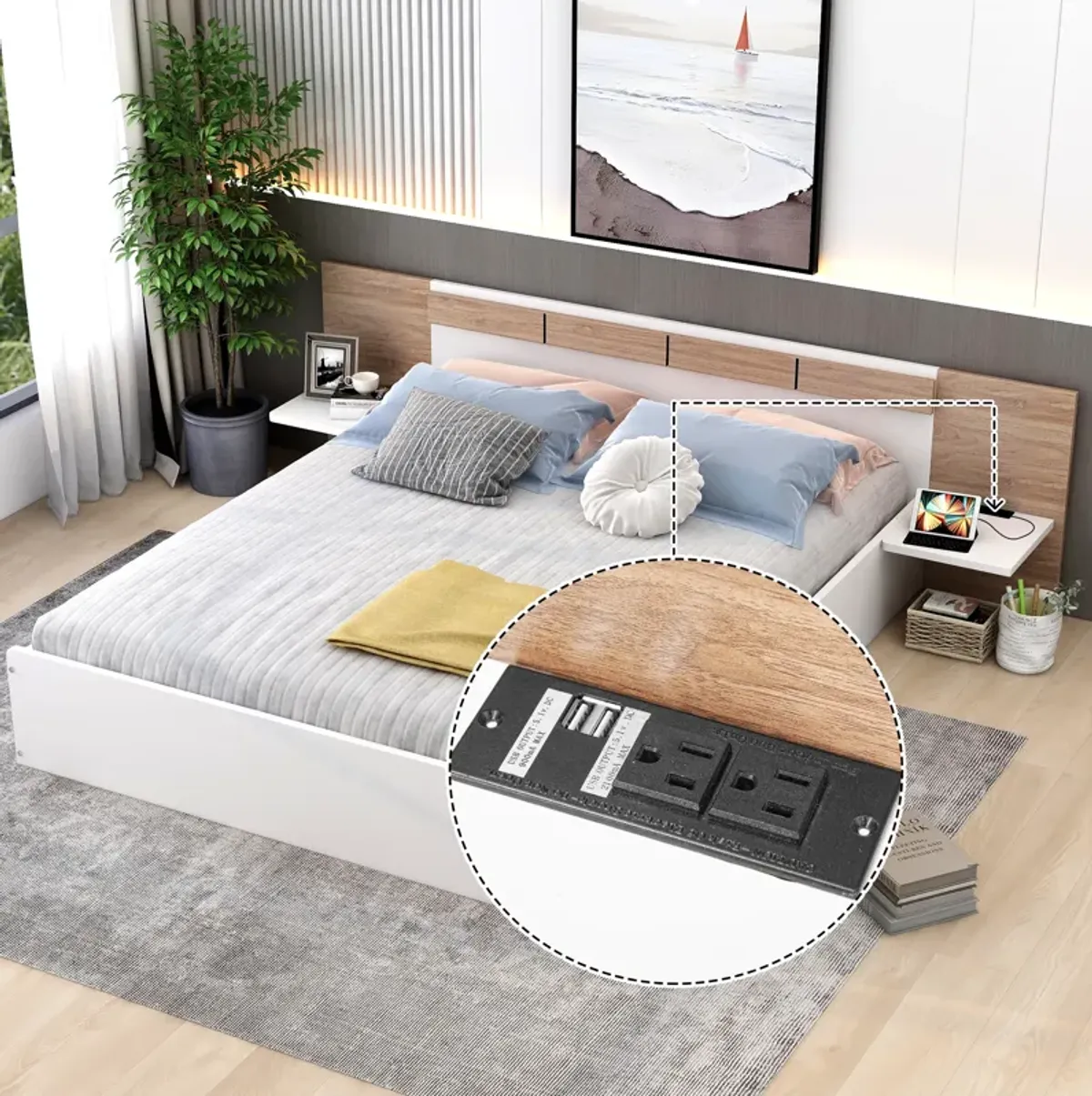 Streamdale Queen Size Platform Bed With Headboard, Shelves, USB Ports And Sockets