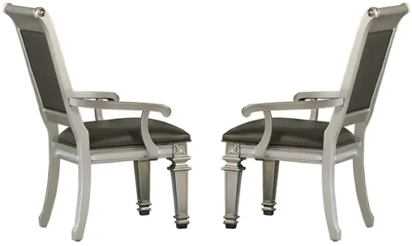 27 Inch Wood Dining Armchair, Faux Leather,Acrylic Crystals,Set of 2,Silver-Benzara