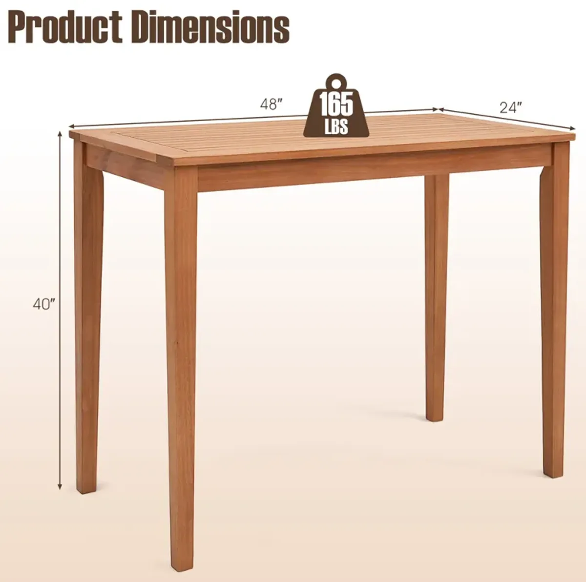 48 Inch x 24 Inch Rectangular Outdoor Eucalyptus Wood Bar Table for 4 People