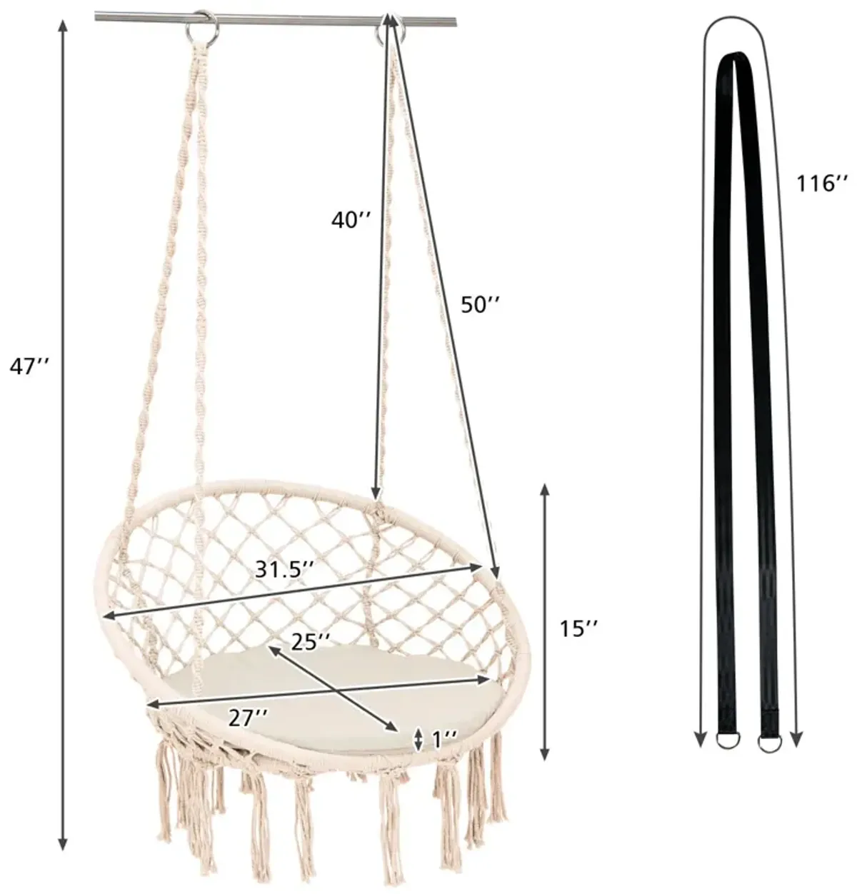 Cushioned Hammock Swing Chair with Hanging Kit