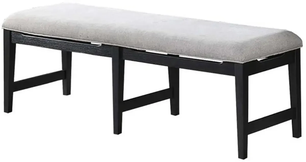 Remus Dining Bench, 58 Inch Black Embossed Wood, Light Gray Fabric - Benzara