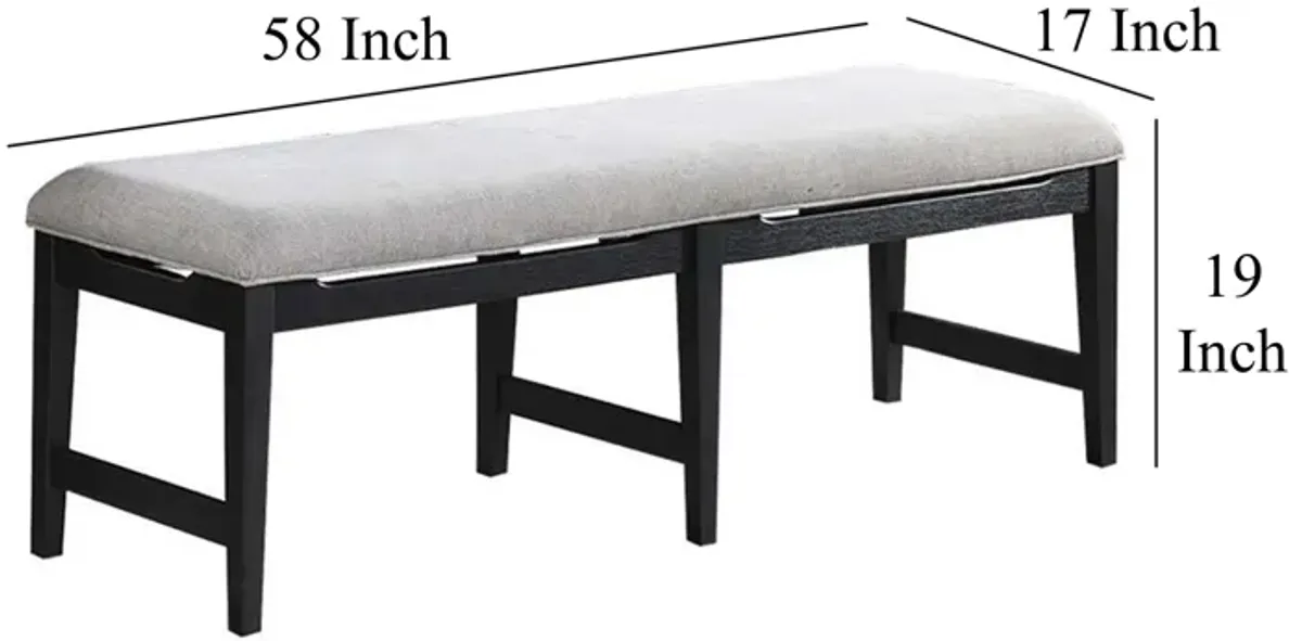 Remus Dining Bench, 58 Inch Black Embossed Wood, Light Gray Fabric - Benzara