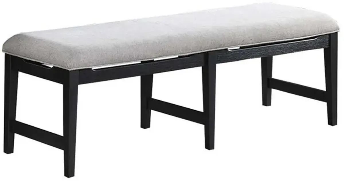 Remus Dining Bench, 58 Inch Black Embossed Wood, Light Gray Fabric - Benzara