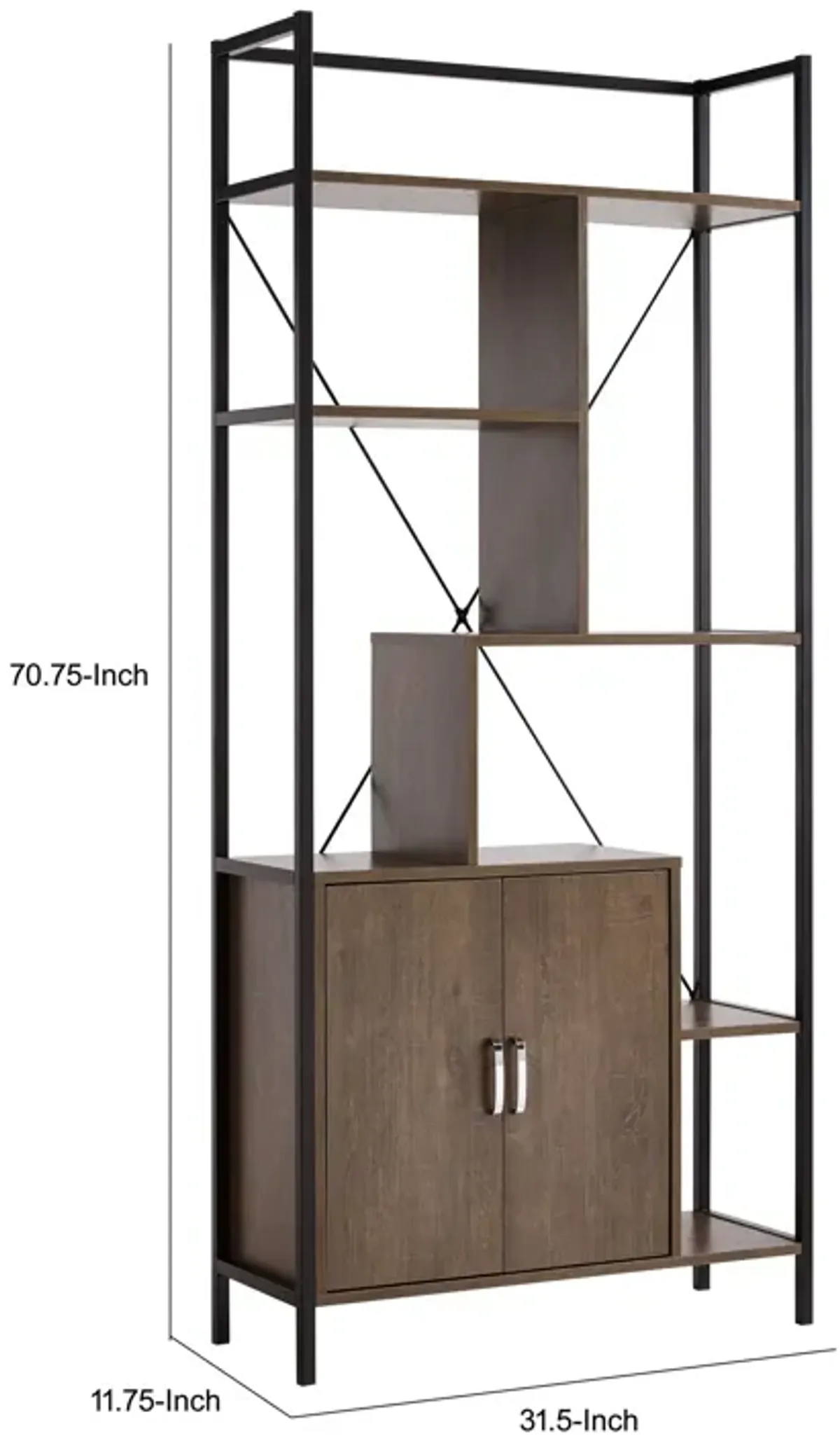 Viola 71 Inch Modern Display Cabinet with 7 Shelves, Metal Frame, Brown-Benzara