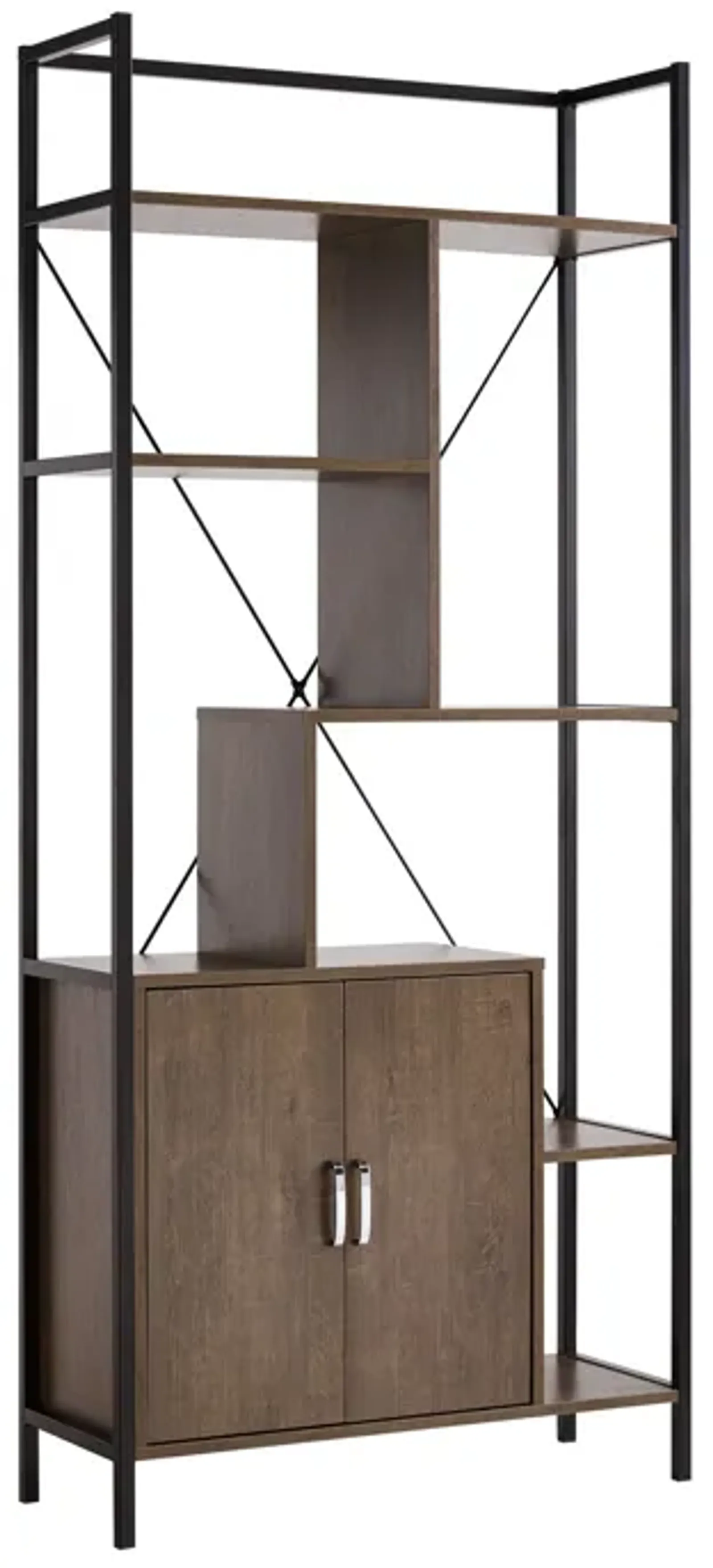 Viola 71 Inch Modern Display Cabinet with 7 Shelves, Metal Frame, Brown-Benzara