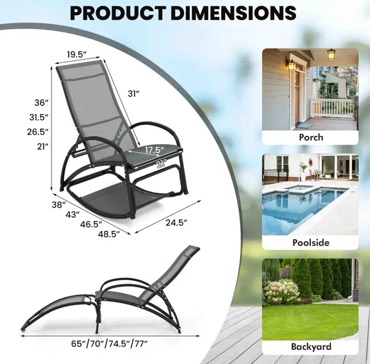 2-in-1 Outdoor Rocking Chair with 4-Position Adjustable Backrest for Patio Porch Poolside