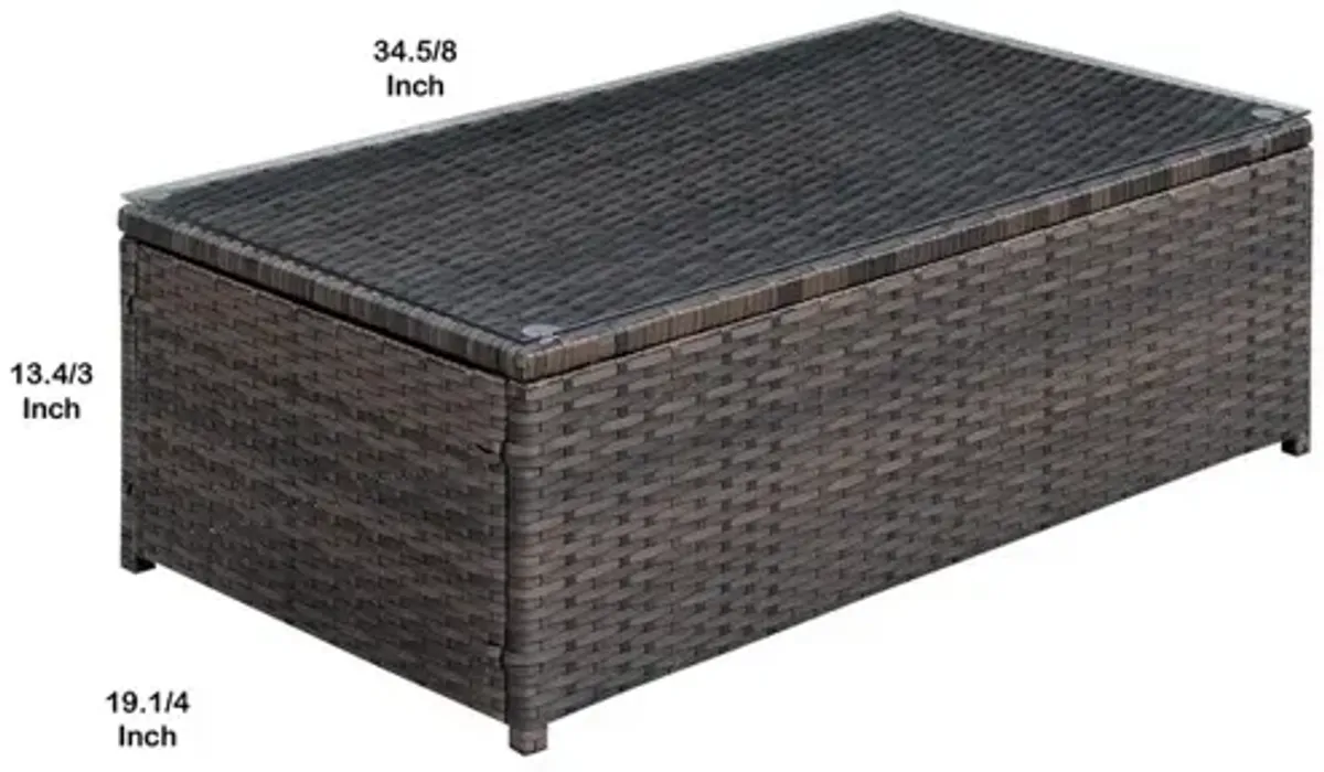 Rectangular Faux Rattan and Aluminum Coffee Table with Glass Top, Brown-Benzara