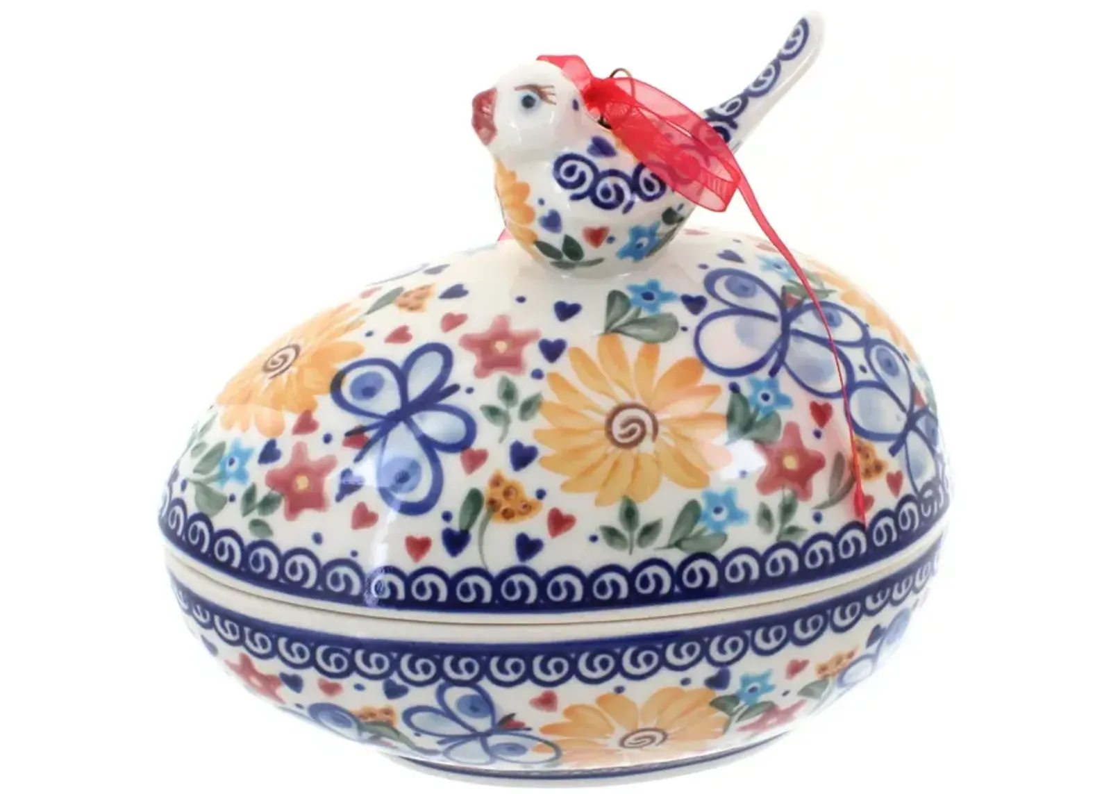 Blue Rose Polish Pottery Butterfly Egg Box with Bird