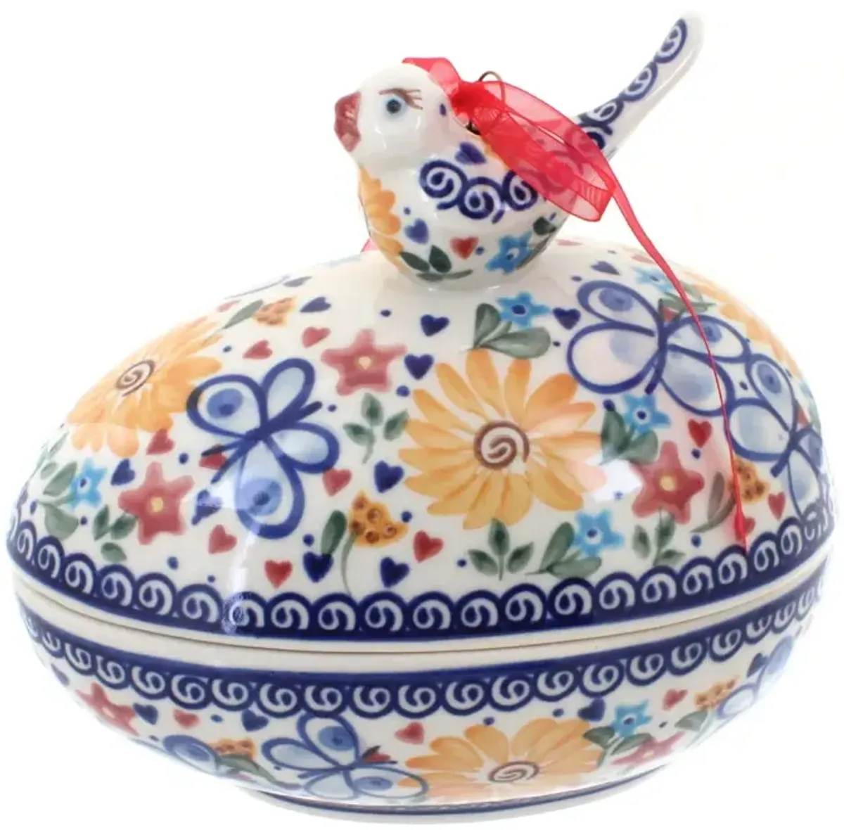 Blue Rose Polish Pottery Butterfly Egg Box with Bird