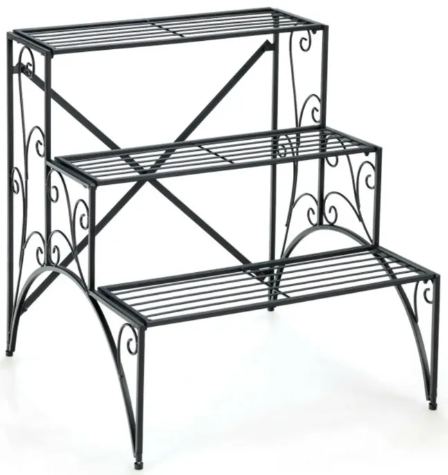 Hivvago 3-Tier Metal Plant Stand with Widened Grid Shelf for Porch Garden-Black