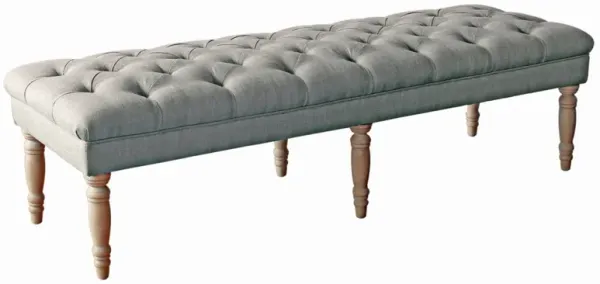 Wooden Bench with Button Tufted Fabric Upholstered Seat and Turned Legs, Gray - Benzara