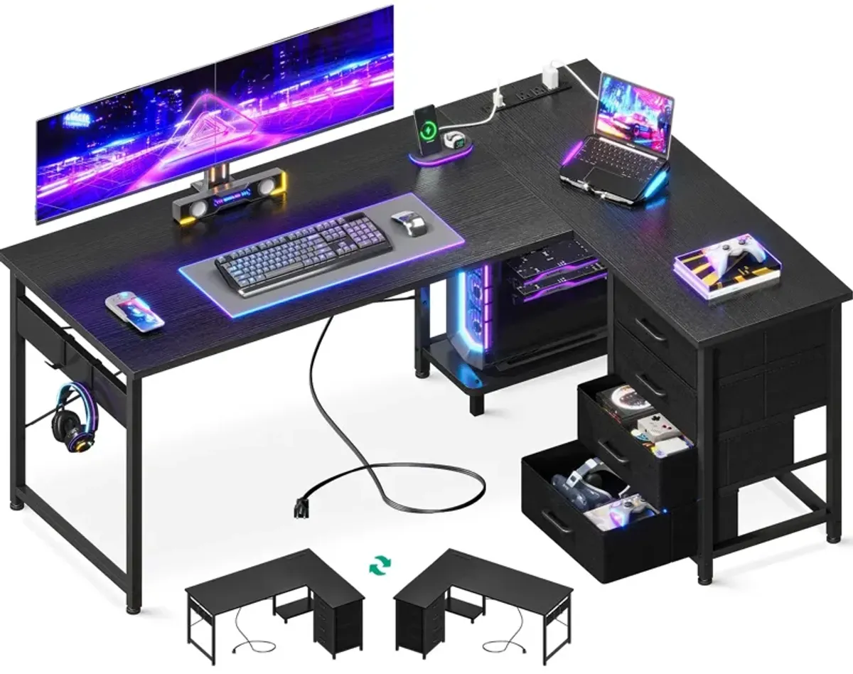 Casaottima L Shaped Desk with 4 Tier Drawers, 53 Gaming Desk with Power Outlets & USB, Reversible L-Shaped Computer Desk with