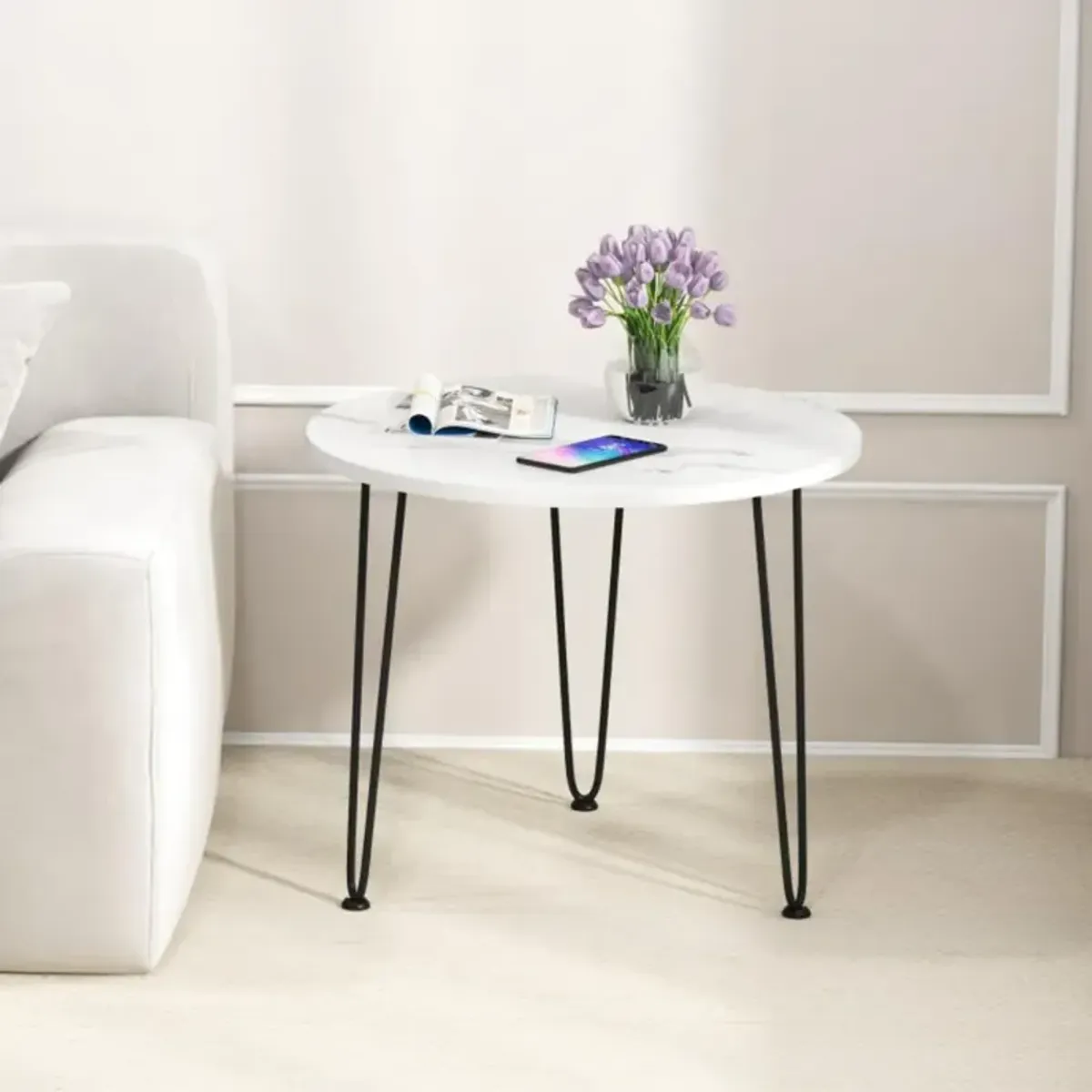 Hivvago Round End Table with Thickened Tabletop and Metal Tripod Legs