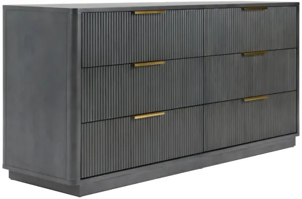 Noe Celia Wide Dresser, 6 Drawers Retro Luxe Gray Rubberwood - Benzara