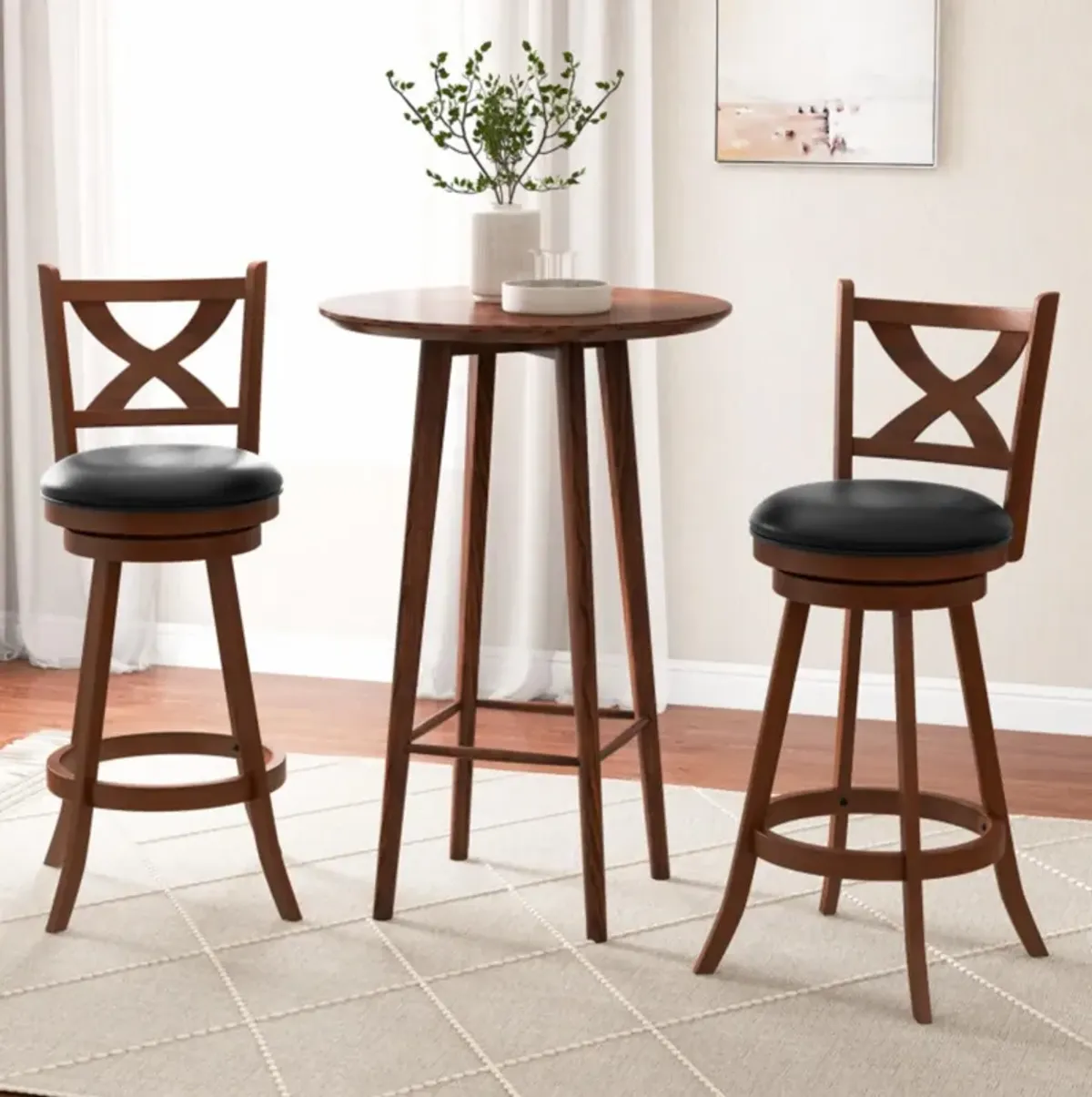 Hivvago 2 Pieces Classic Counter Height Swivel Bar Stool Set with X-shaped Open Back