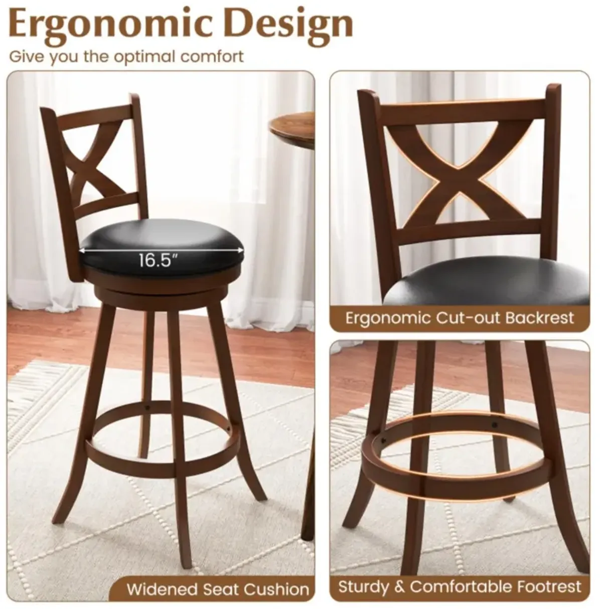 Hivvago 2 Pieces Classic Counter Height Swivel Bar Stool Set with X-shaped Open Back