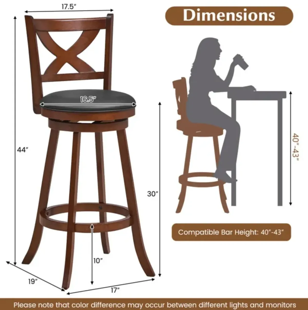 Hivvago 2 Pieces Classic Counter Height Swivel Bar Stool Set with X-shaped Open Back