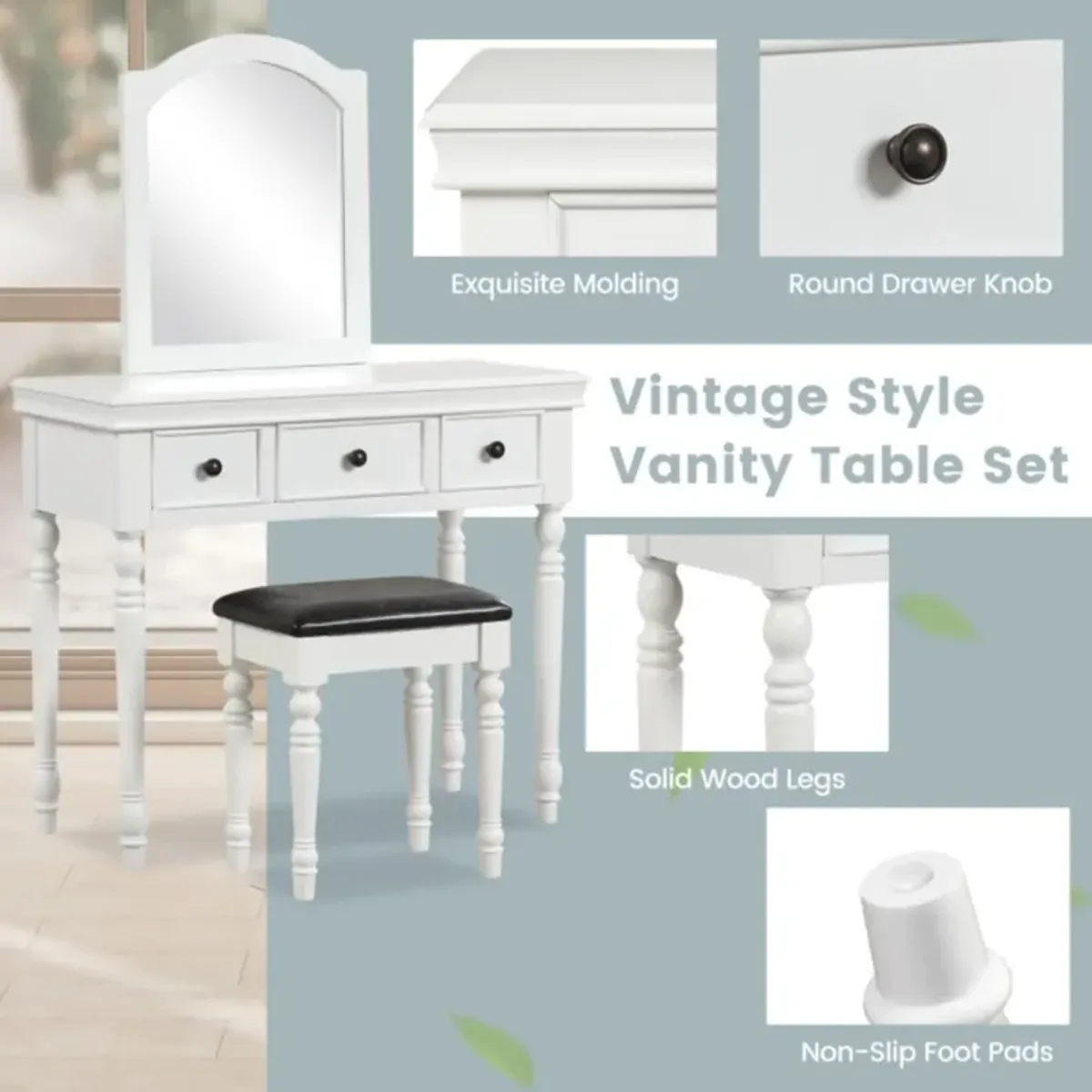 Hivvago Makeup Vanity Table and Stool Set with Detachable Mirror and 3 Drawers Storage