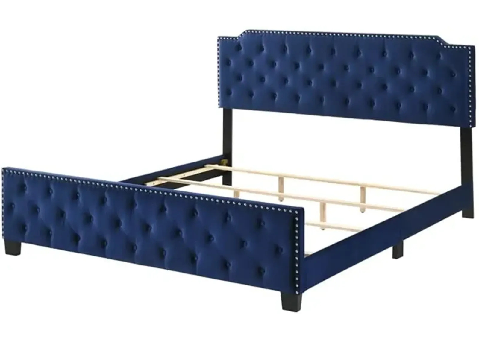 Agapi King Size Bed, Button Tufted, Nailhead Trim, Blue Fabric Upholstery - Benzara