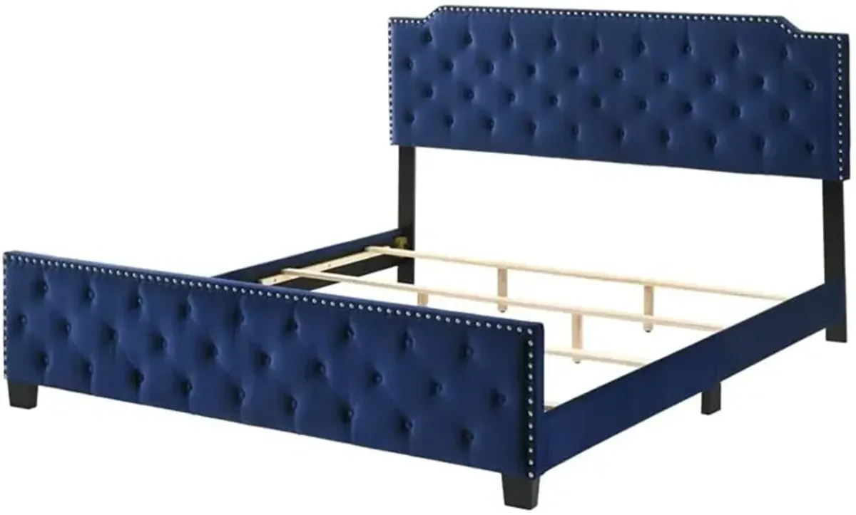 Agapi King Size Bed, Button Tufted, Nailhead Trim, Blue Fabric Upholstery - Benzara