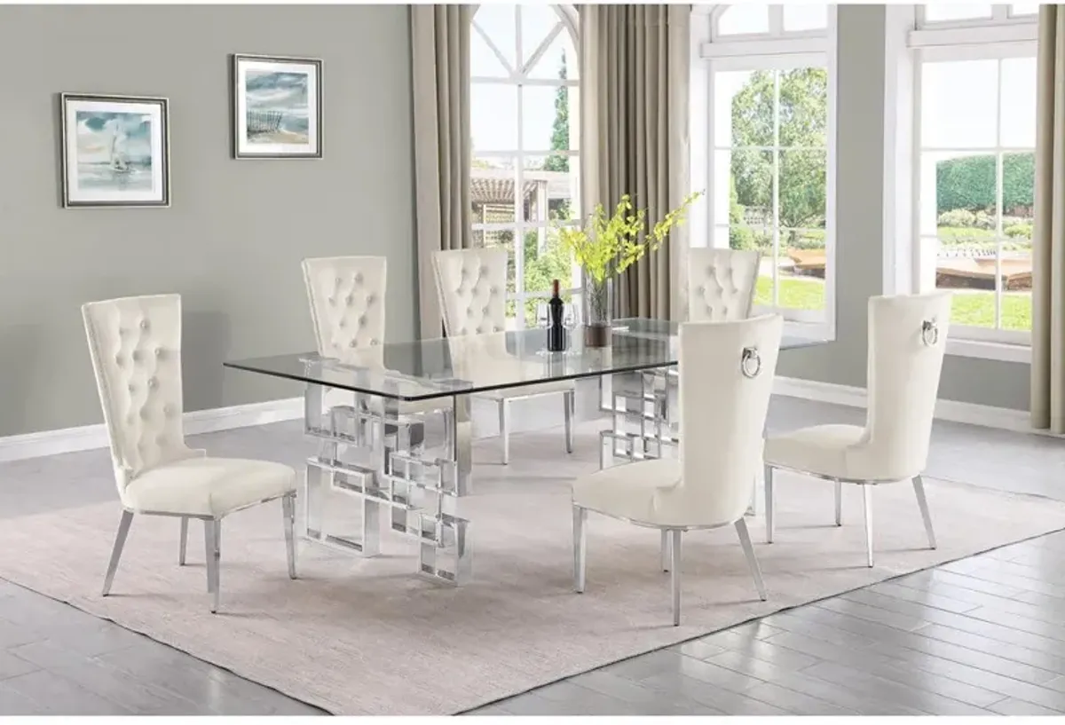 7-piece glam dining set with 6 cream chairs and a 95" long glass  table