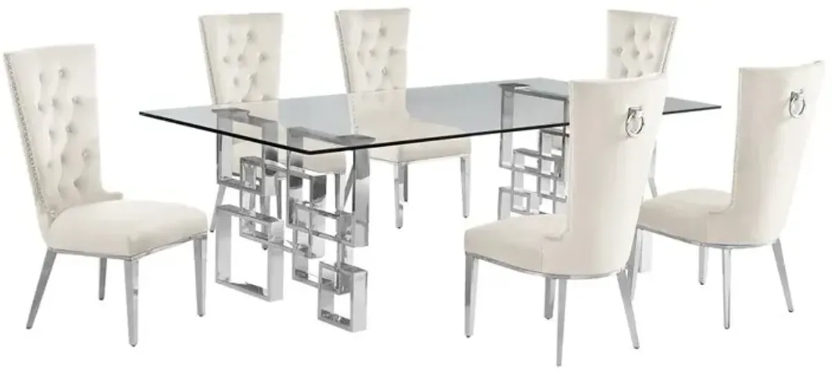 7-piece glam dining set with 6 cream chairs and a 95" long glass  table
