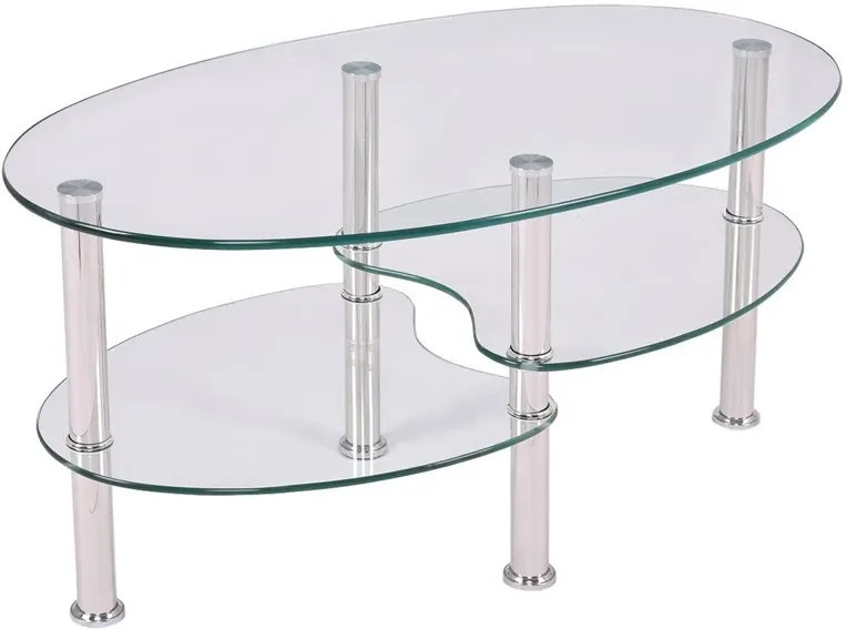 Hivvago Modern Oval Tempered Glass Coffee Table with Bottom Shelf